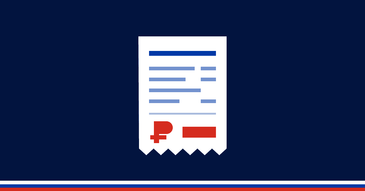 Illustration à plat : un ticket de caisse et le symbole du rouble sur fond bleu nuit, bandeau blanc-bleu-rouge en pied