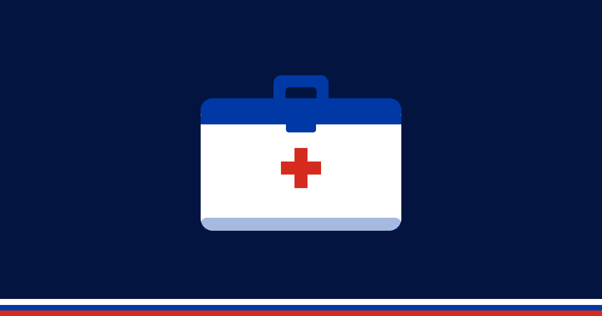 Illustration à plat : une trousse de secours à croix rouge sur fond bleu nuit, bandeau blanc-bleu-rouge en pied