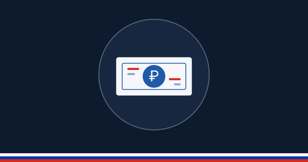Illustration à plat : un billet de banque au symbole du rouble, centré dans un cercle sur fond bleu nuit, bandeau blanc-bleu-rouge en pied