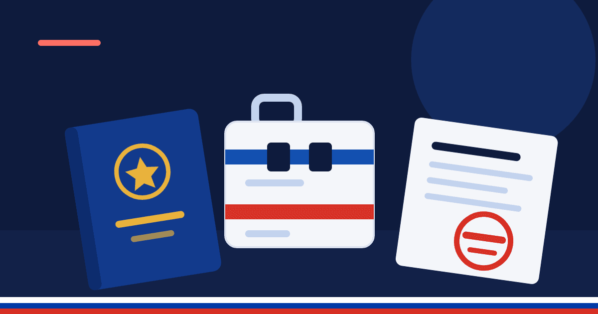 Illustration à plat : un passeport, une valise aux bandes bleu-blanc-rouge et un dossier administratif tamponné, sur fond bleu nuit