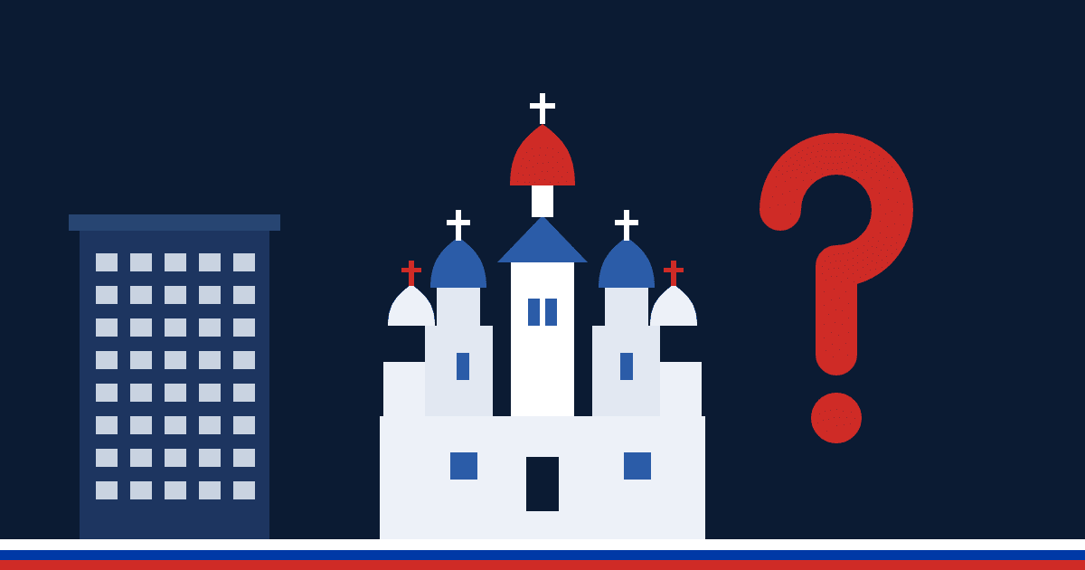 Illustration à plat : un immeuble d'habitation, la cathédrale Saint-Basile et un point d'interrogation, sur fond bleu nuit