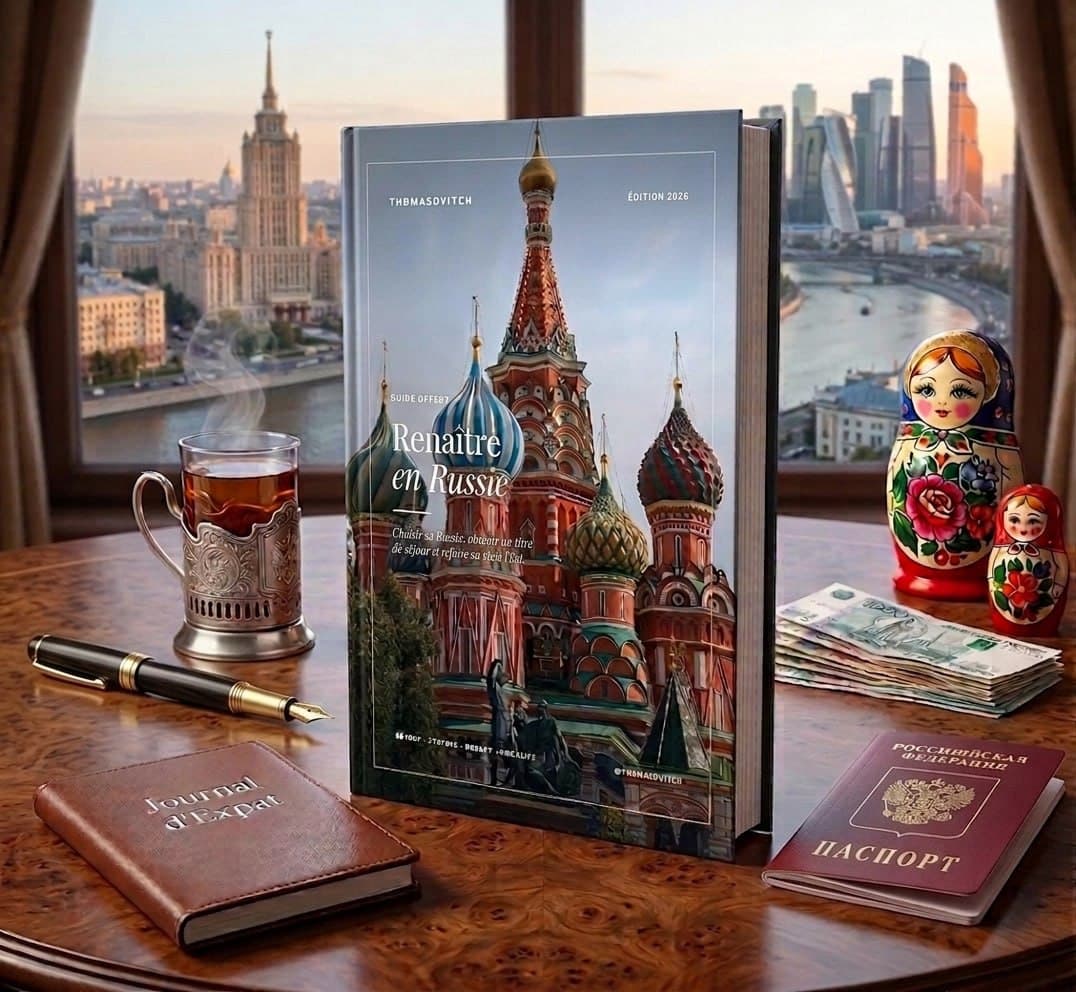 Le guide « Renaître en Russie » posé sur un bureau, devant une fenêtre ouverte sur Moscou